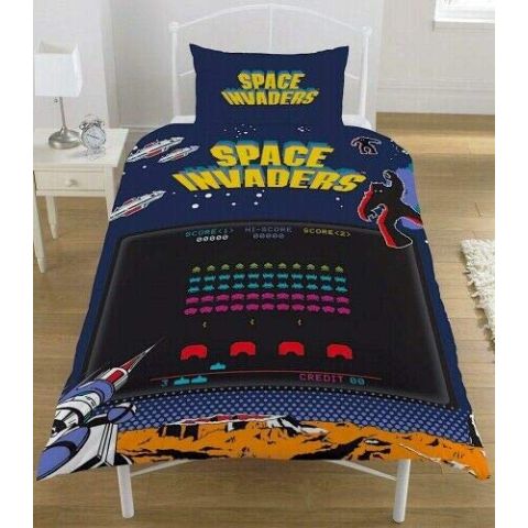 Space Invaders Coin Reversible Duvet Quilt Cover Bedding Set Childrens Kids Retro Game Fan Official (Single) (New)