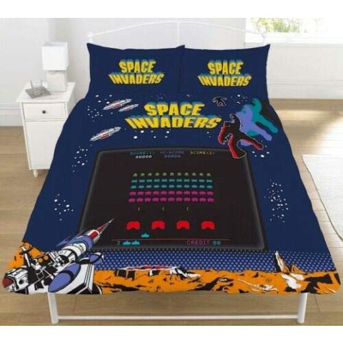 Space Invaders Coin Reversible Duvet Quilt Cover Bedding Set Childrens Kids Retro Game Fan Official (Double) (New)