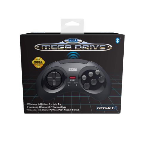 Retro-Bit Official SEGA Mega Drive Wireless Bluetooth Controller 8-Button Arcade Pad for PC, Switch, Mac, Steam, RetroPie, Raspberry Pi - Black (New)
