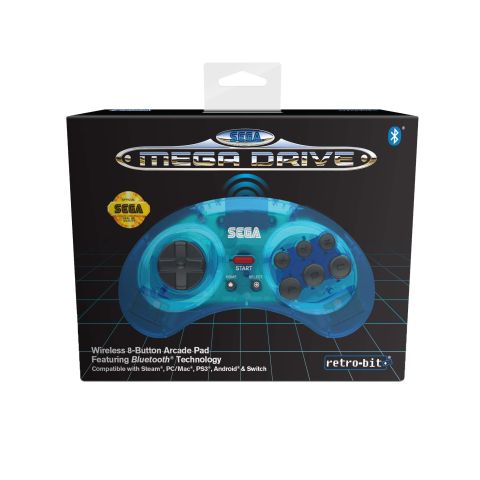 Retro-Bit Official SEGA Mega Drive Wireless Bluetooth Controller 8-Button Arcade Pad for PC, Switch, Mac, Steam, RetroPie, Raspberry Pi - Clear Blue (New)